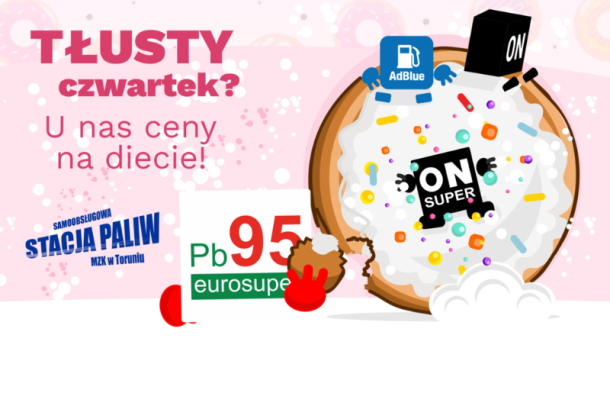 Grafika z promocją na tłusty czwartek: pączek i ludki paliwowe