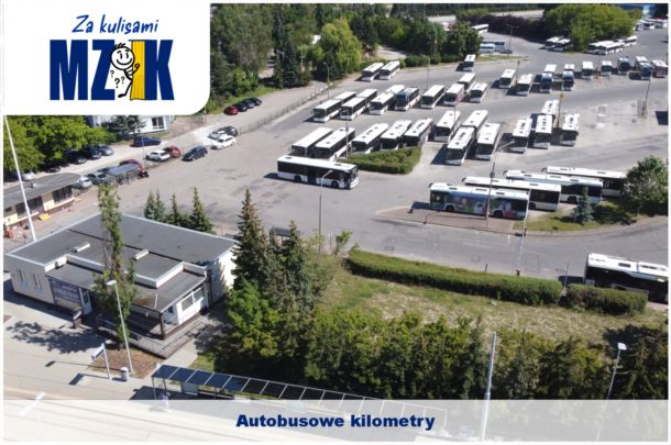 zdjęcie zajezdni autobusowej i znak graficzny "za kulisami MZK"