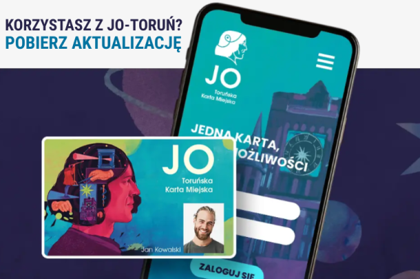 Grafika karty miejskiej JO i aplikacji JO-TORUŃ