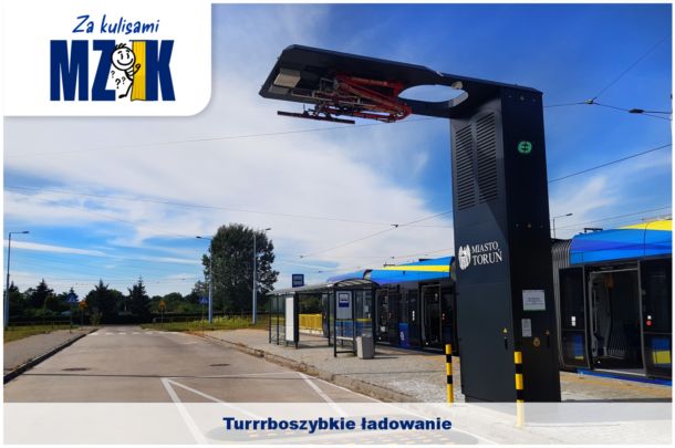 Znak graficzny Za kulisami MZK oraz zdjęcie szybkiej ładowarki