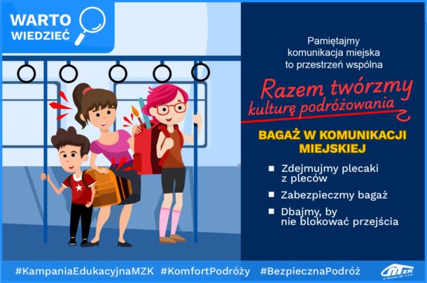 Znak graficzny Warto Wiedzieć oraz grafika z pasażerami z plecakami