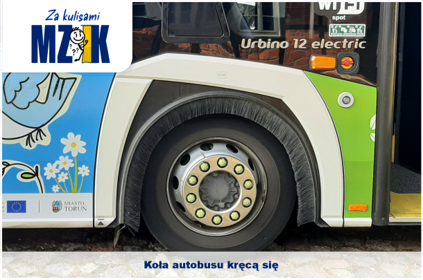 Znak graficzny Za kulisami MZK oraz zdjęcie koła autobusu