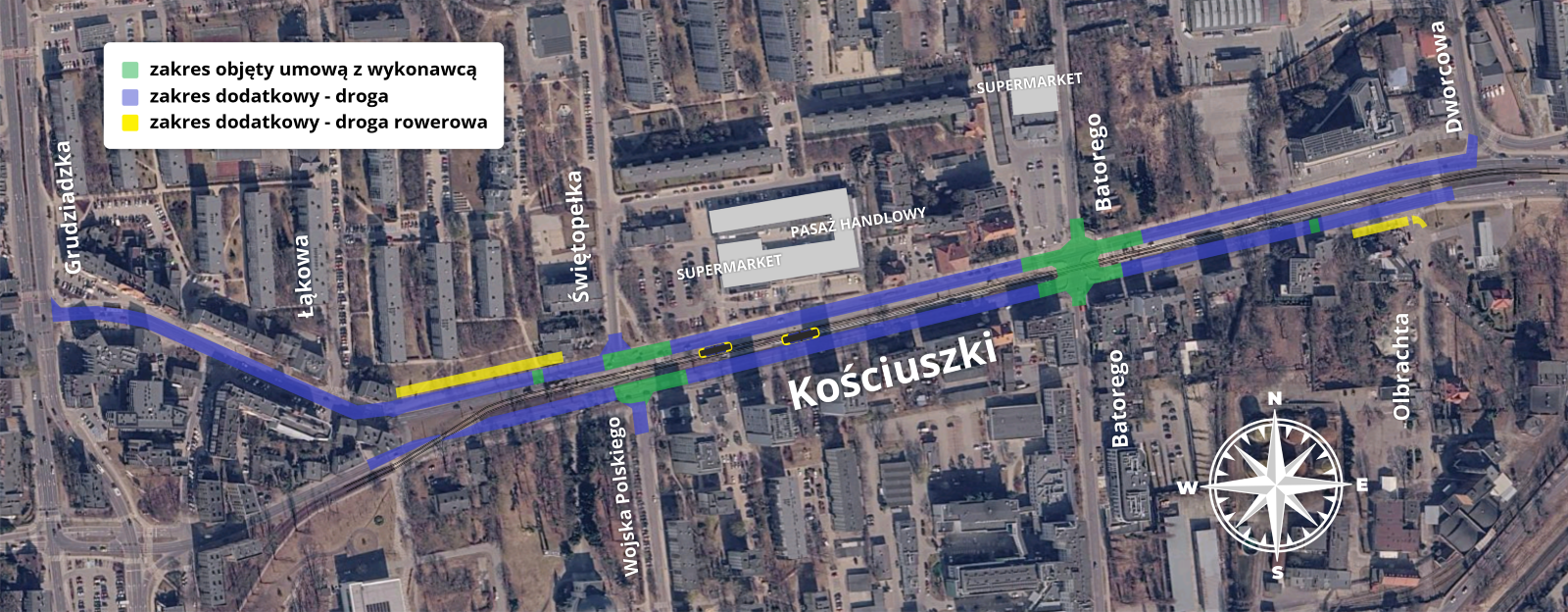 Zakres prac na ul. Kościuszki w Toruniu - mapka