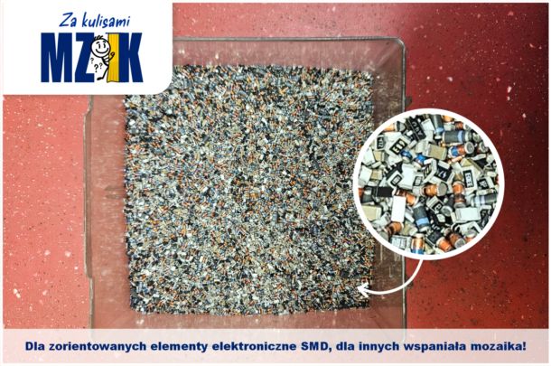 Znak graficzny Za kulisami MZK oraz zdjęcie półprzewodników SMD